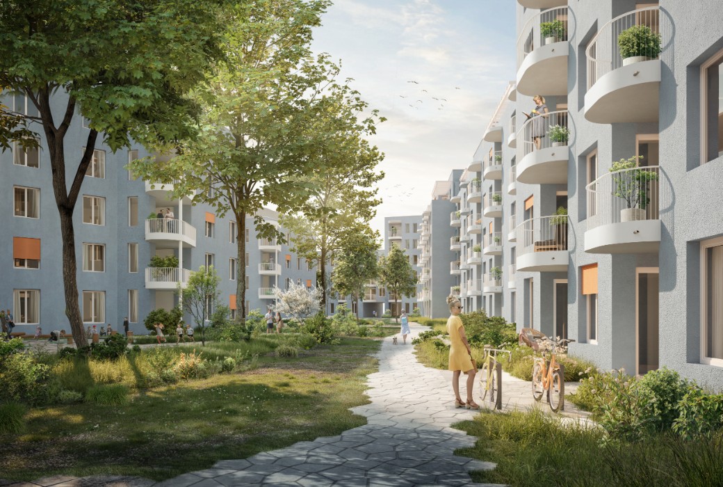 Computer-Visualisierung der Gartenanlage eines modernen Neubau-Komplexes